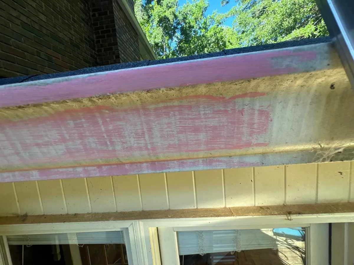 Close view of painted roof edge flashing beneath gutter area, Southern Premier Roofing work near Bogart GA