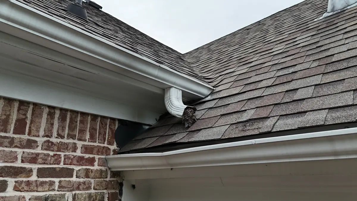 Roof intersection showing shingles, gutters, and downspout connection, Southern Premier Roofing work near Braselton GA