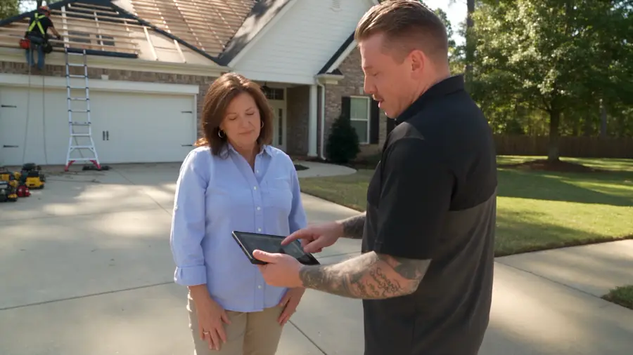 Roofer reviewing inspection photos on a tablet with a homeowner