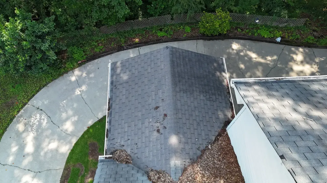 Aerial view of gray shingle roof, surrounding driveway, trees, and leaf-filled roof valleys