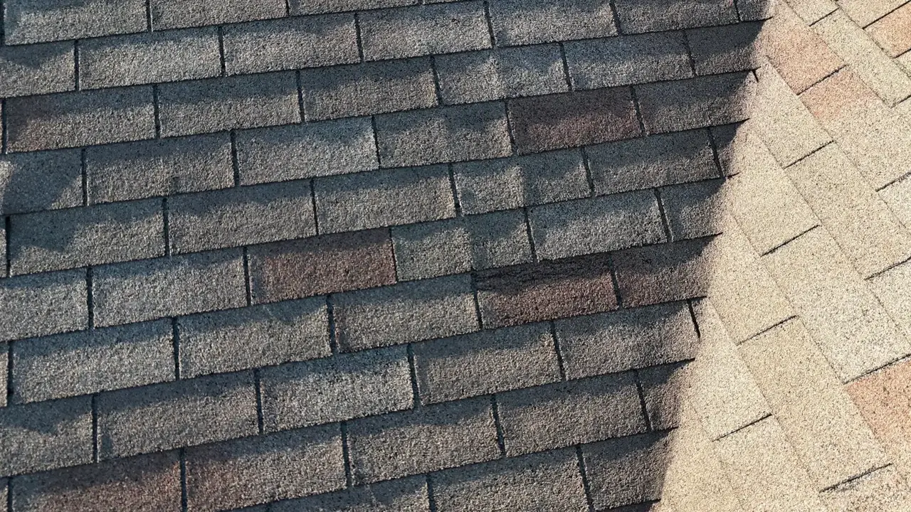 Close-up of weathered, discolored asphalt shingles on a residential roof
