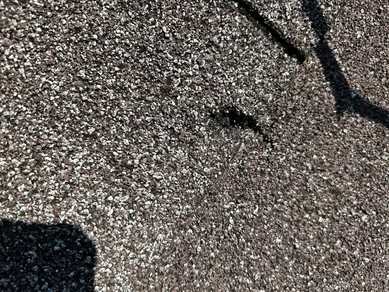 Close-up of granular asphalt shingles in Kennesaw GA showing a small puncture or damaged spot