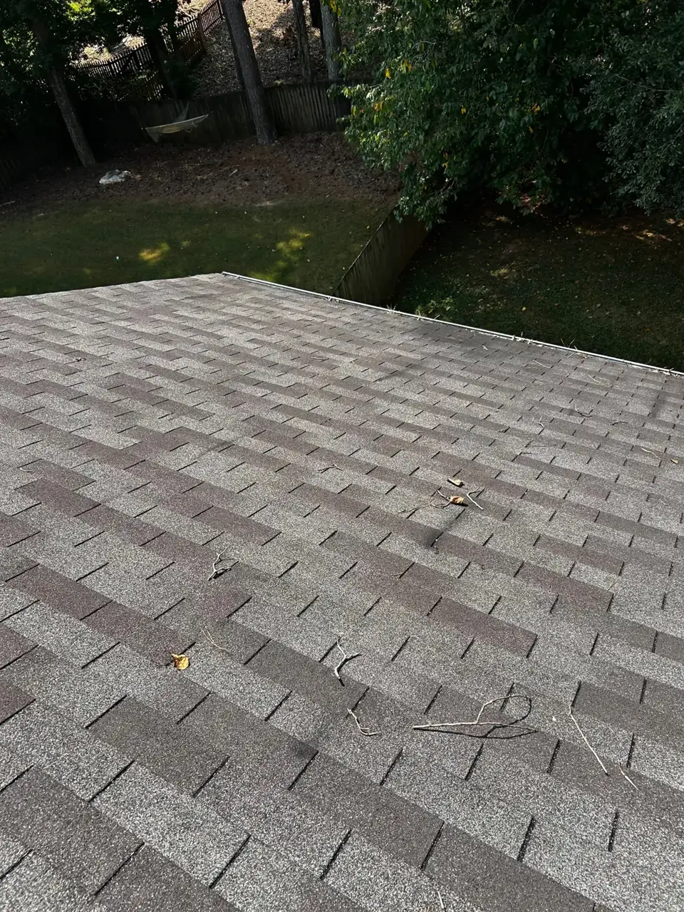 Residential asphalt shingle roof with scattered leaves and twigs overlooking a wooded backyard in Kennesaw GA