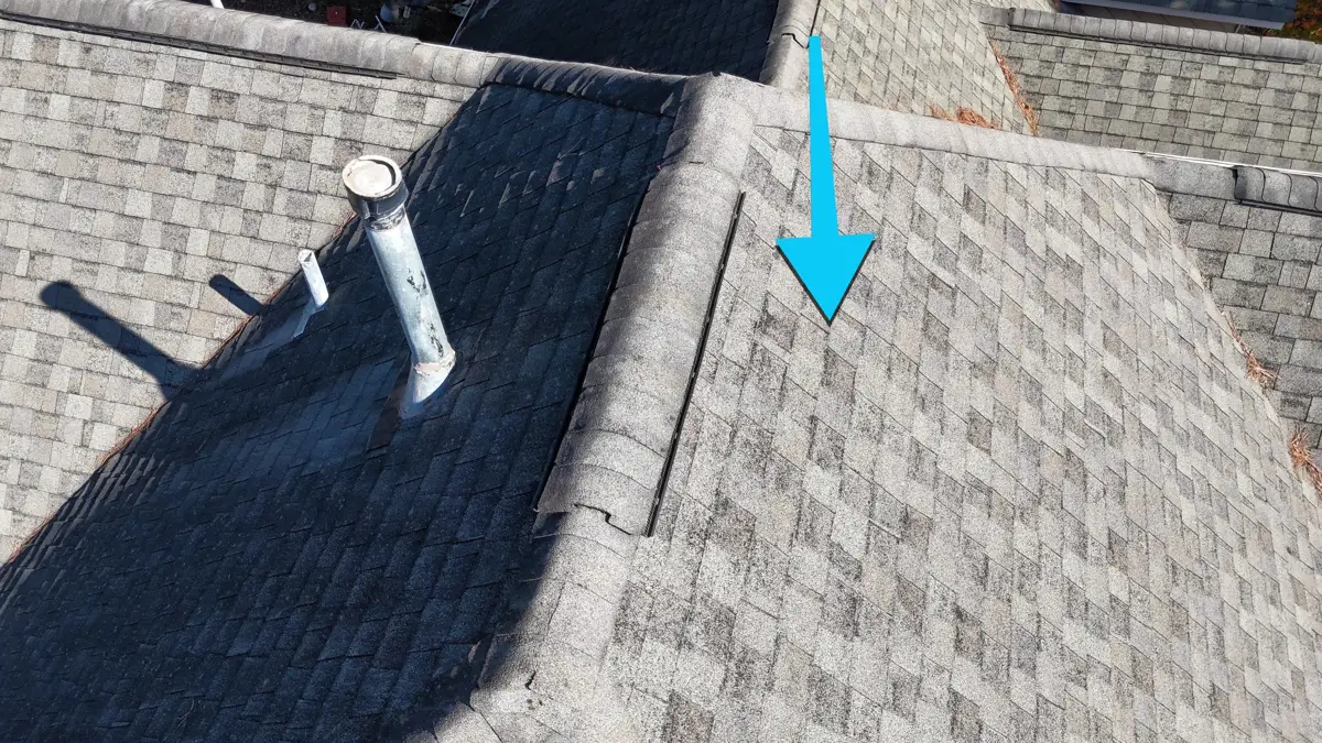 Roof valley and flashing detail between shingle sections, Southern Premier Roofing work near Bogart GA