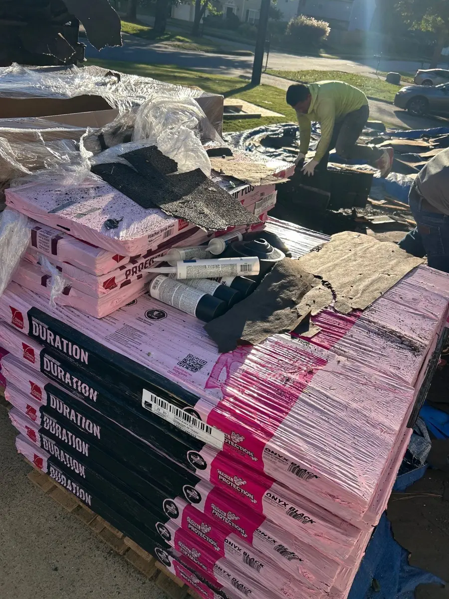 Stacks of packaged roofing materials and tools prepared for installation, Southern Premier Roofing work near Commerce GA