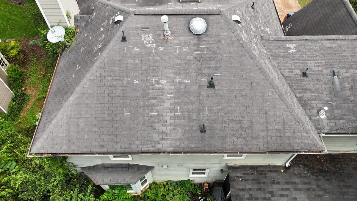 Aerial view of completed roof with multiple vents, Southern Premier Roofing work near Covington GA