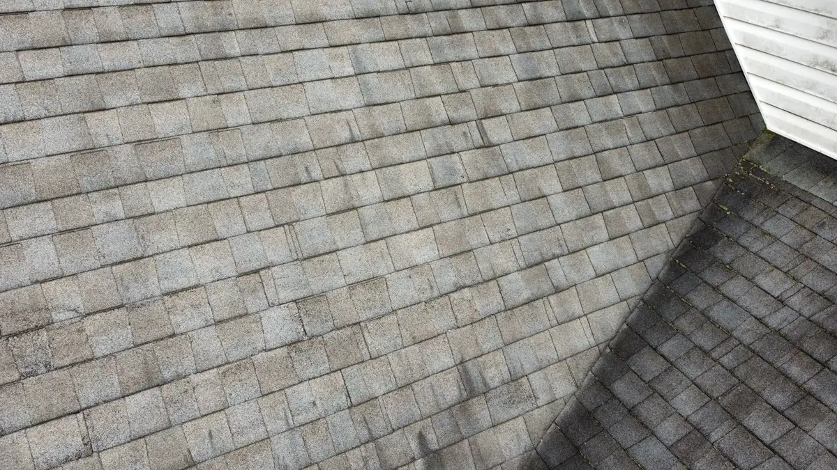 Roof valley between overlapping shingle sections viewed from above, Southern Premier Roofing work near Hoschton GA