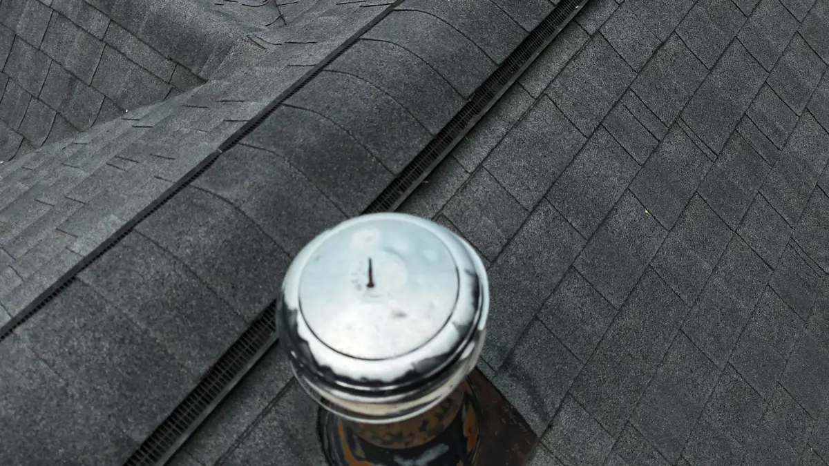 Metal roof vent surrounded by shingles near ridge, Southern Premier Roofing work near Athens GA