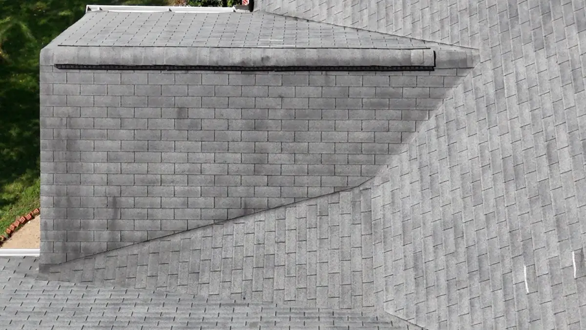 Aerial roof view with completed shingles and raised roof section, Southern Premier Roofing work near Athens GA