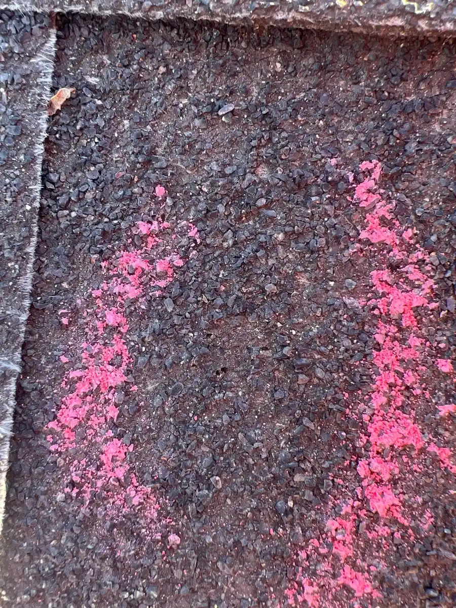 Close-up roof shingles with extensive pink inspection markings, Southern Premier Roofing work near Between GA