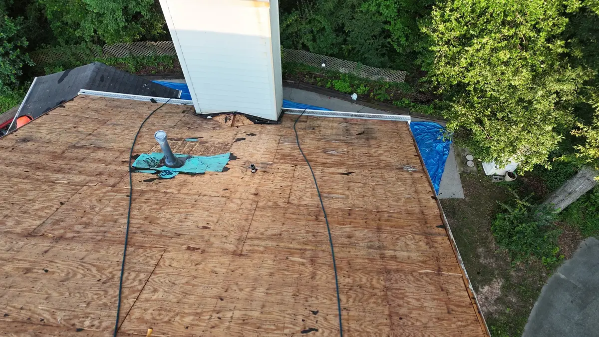 Large exposed plywood roof deck prepared for roofing installation, Southern Premier Roofing work near Bishop GA