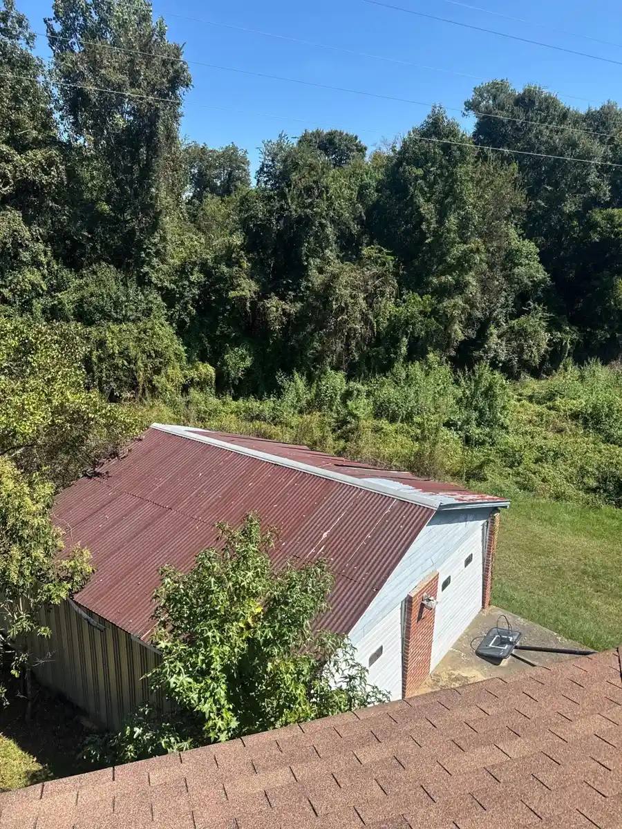 Shingled roof overlooking detached metal-roofed outbuilding and trees, Southern Premier Roofing work near Buford GA