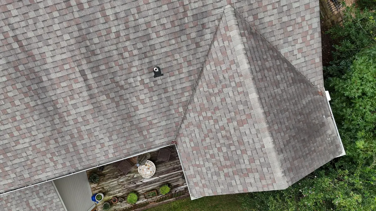 Aerial view of completed shingle roof with multiple roof sections, Southern Premier Roofing work near Carl GA