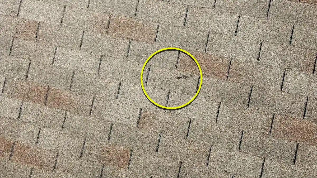 Close-up of damaged asphalt shingles marked with yellow circle, Southern Premier Roofing work near Cumming GA