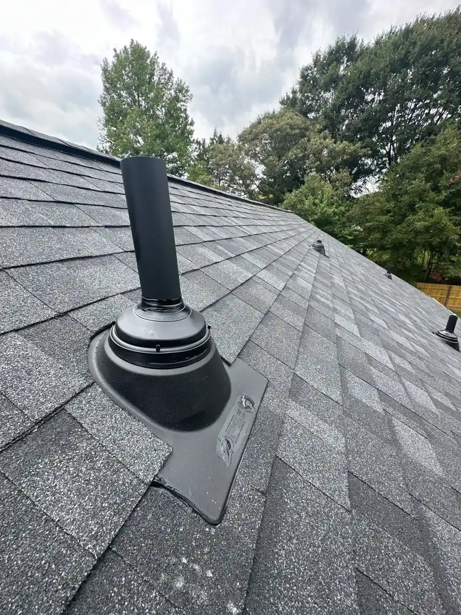 Completed shingle roof with black plumbing vent flashing, Southern Premier Roofing work near Flowery Branch GA