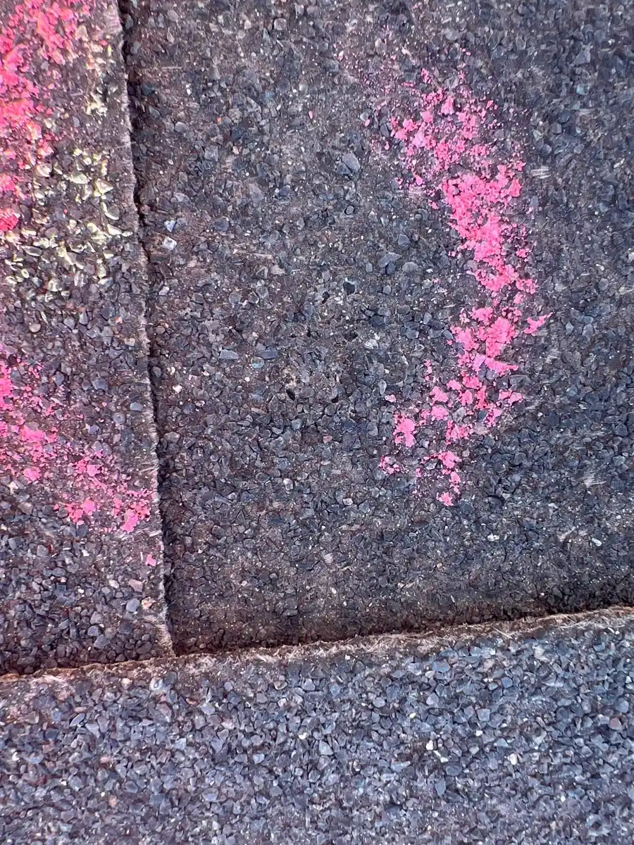 Close-up asphalt shingles showing pink inspection markings, Southern Premier Roofing work near Ila GA