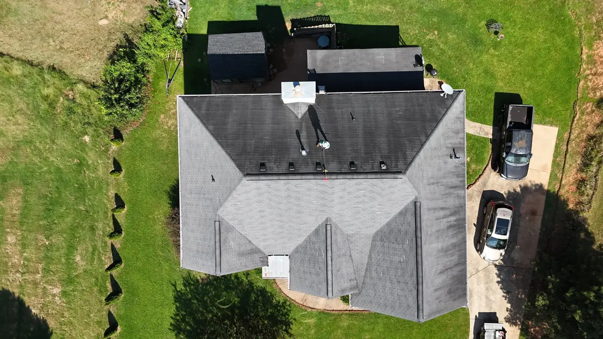 Overhead view of completed gray roof and surrounding property, Southern Premier Roofing work near Lawrenceville GA