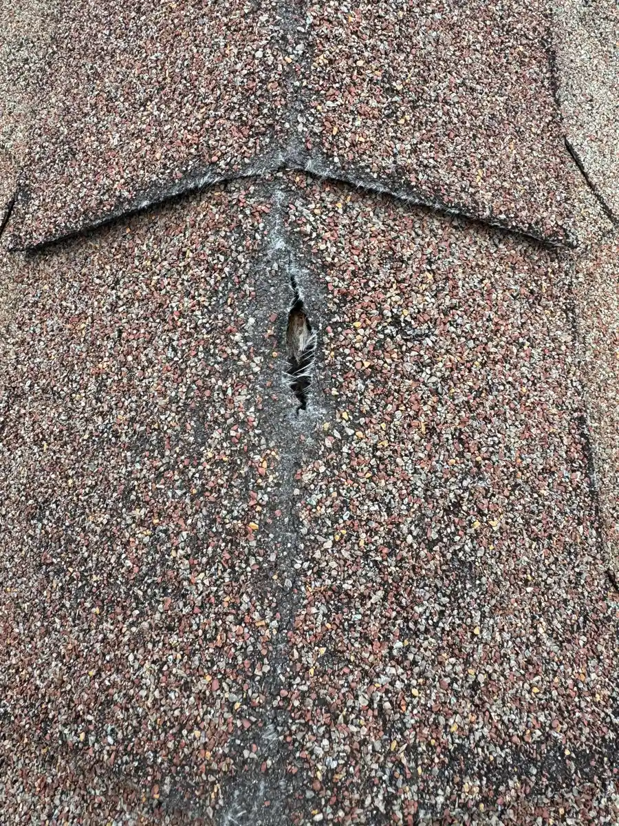 Close-up of cracked and damaged asphalt roofing shingles, Southern Premier Roofing work near Loganville GA