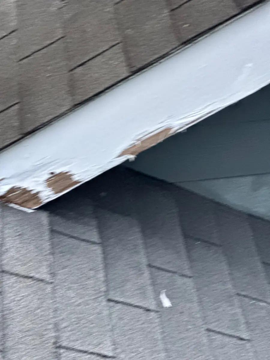 Close view of painted roof edge flashing with weathered exposed areas, Southern Premier Roofing work near Lula GA