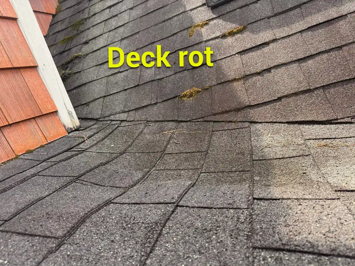 Roof valley shows pronounced sagging and labeled deck rot damage, Southern Premier Roofing work near Nicholson GA