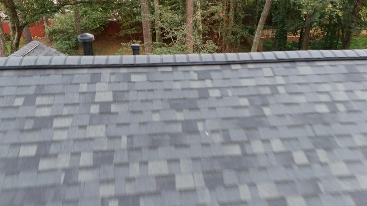 Completed gray shingle roof surface viewed from above, Southern Premier Roofing work near North High Shoals GA