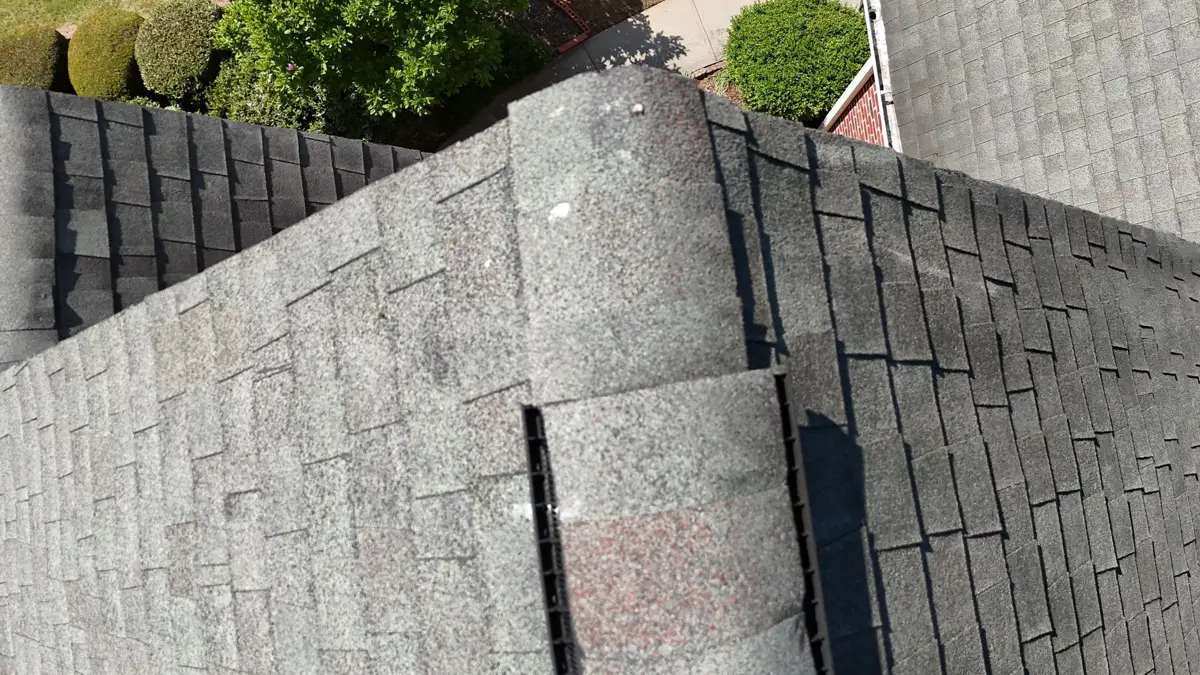 Aerial view of completed shingle roof with multiple intersecting sections, Southern Premier Roofing work near Rest Haven GA