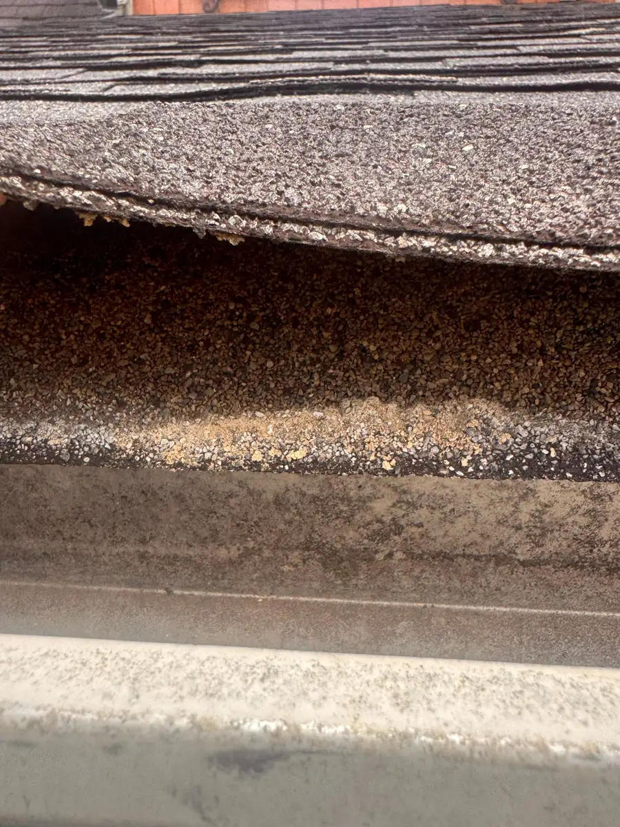Close view shows deteriorated roof edge with heavy granule loss, Southern Premier Roofing work near Social Circle GA