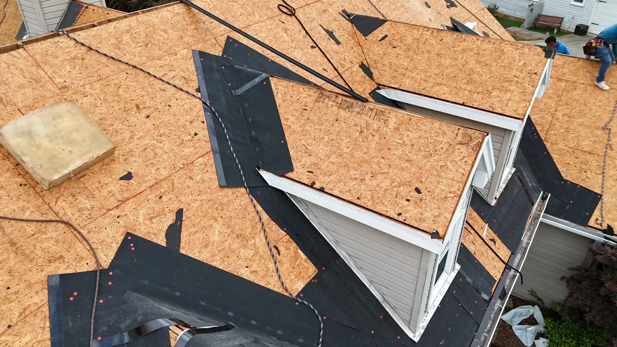 Aerial roof view showing black underlayment across valleys and dormers, Southern Premier Roofing work near Talmo GA