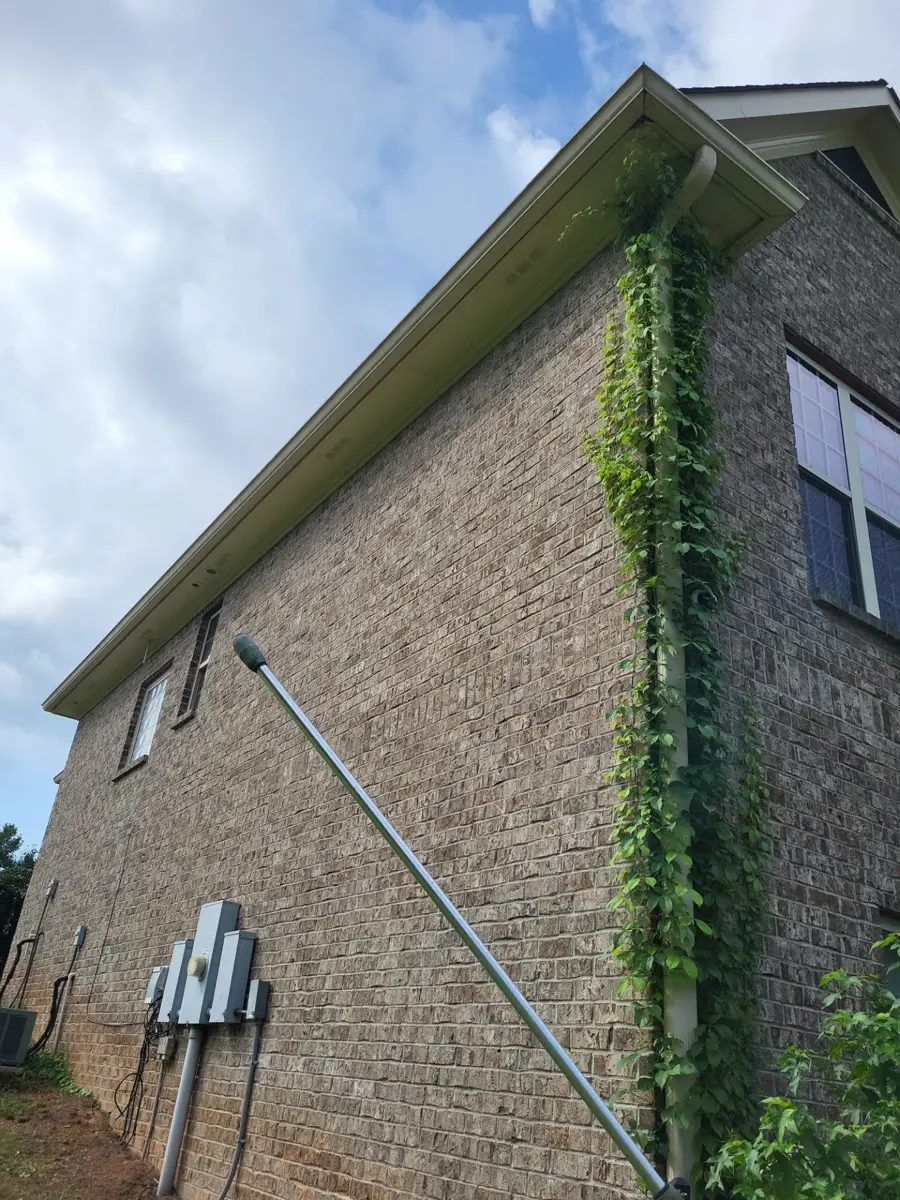 Brick home side wall with roof eaves and climbing vines, Southern Premier Roofing work near Watkinsville GA
